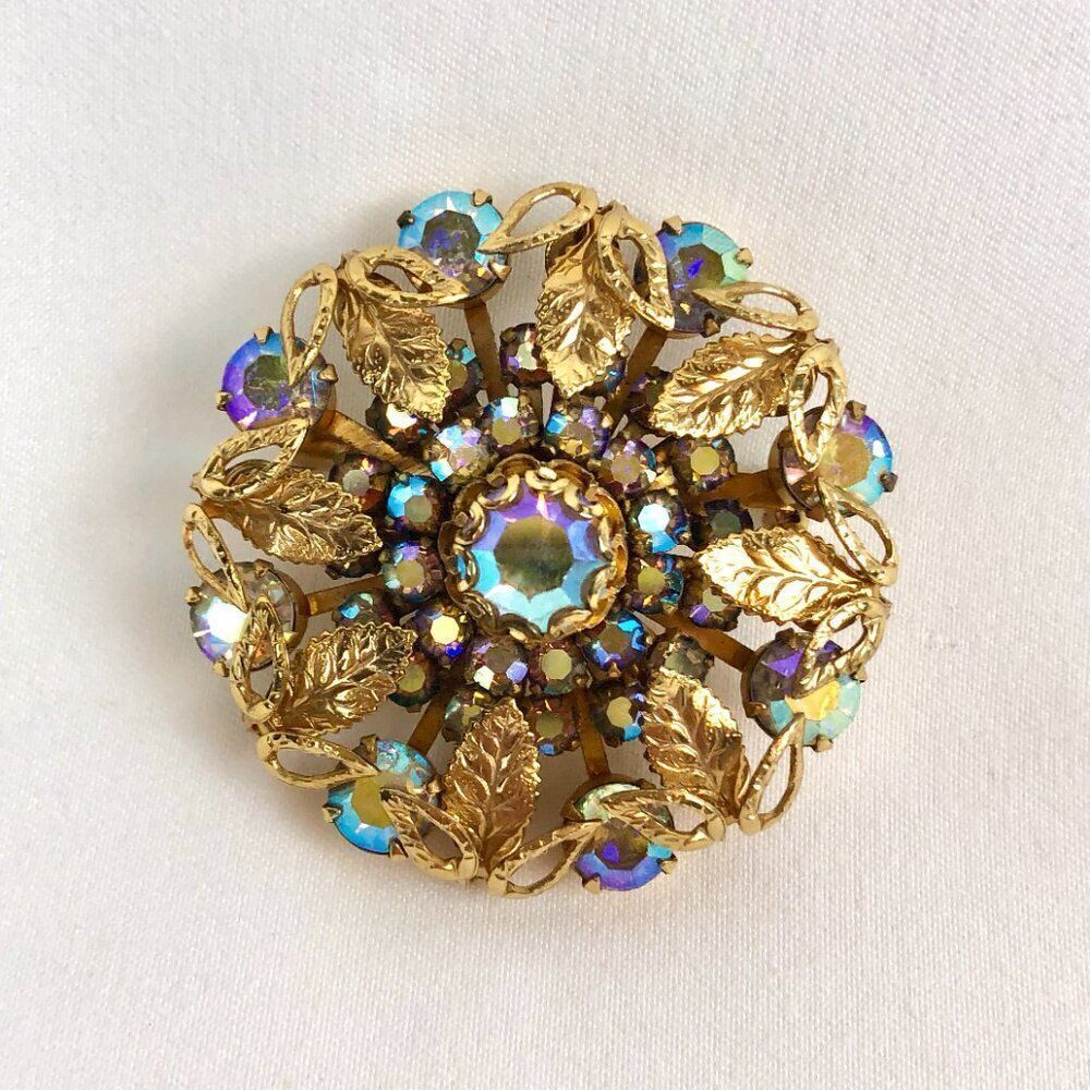 Vintage Aurora Borealis Rhinestone Brooch Pin Layered Flower with Leaves MCM